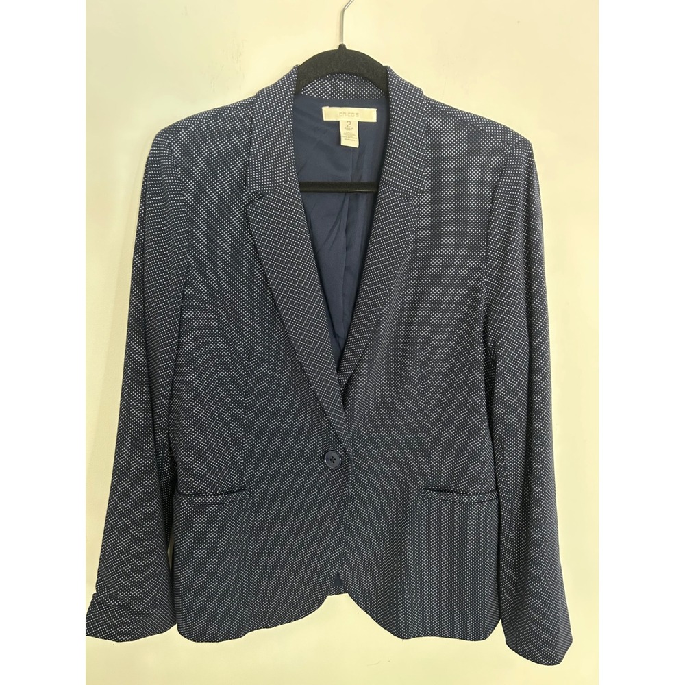 Chicos Navy Blue Polka Dot Single Button Blazer Jacket Size 2 Large RN75986
